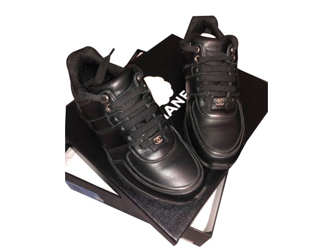 Chanel zapatillas Negro Cuero Tweed  ref.71129