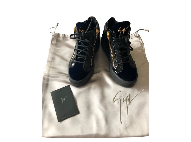 Giuseppe Zanotti Kriss Sneaker schwarzes Lackleder und dunkelblauer Samt 36 Marineblau