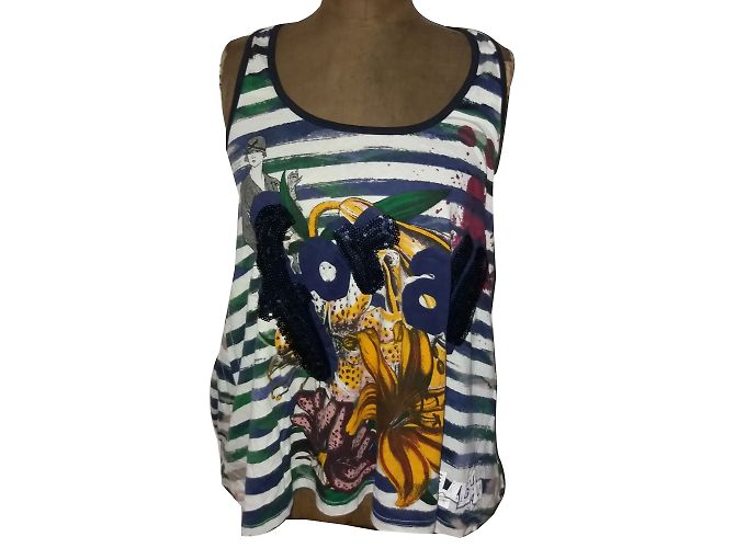 Regata Desigual Branca e Azul Marinho de Algodão com Bordados Branco