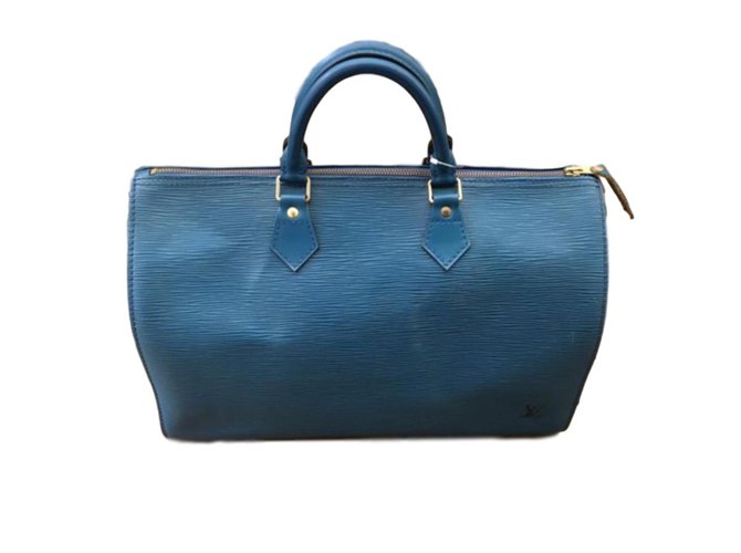 Louis Vuitton Vintage Speedy 35 Azul Cuero Lienzo  ref.72477