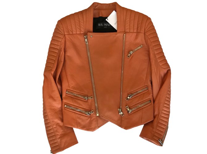 Balmain Quilted leather biker jacket Orange Lambskin  ref.72671