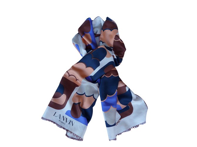 Lanvin Foulards Soie Beige Bleu Marine  ref.73046