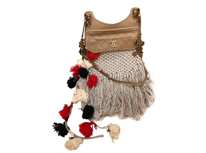 Chanel Messenger Bag Embellished with Pompoms Beige Leather  ref.73163
