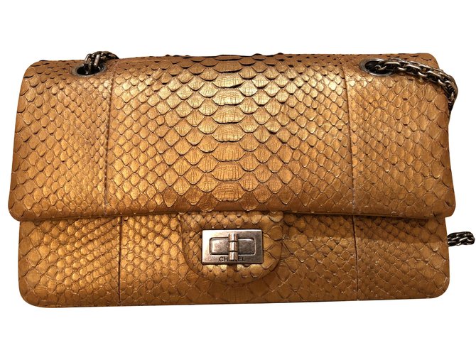 Metallic Gold Snakeskin Motif Python Leather Shoulder Flap Bag - Large