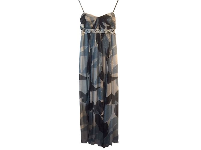 Vestido Maxi Tomara que Caia Bcbg Max Azria em Seda Azul e Branco Multicor