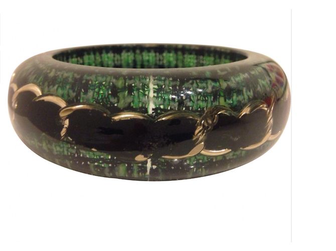 Pulseira Chanel de tweed verde e preto com corrente