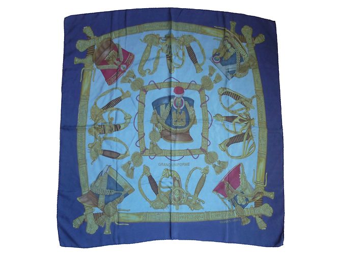 Sciarpa di seta Hermès Grand Uniforme Blu Bianca Bianco