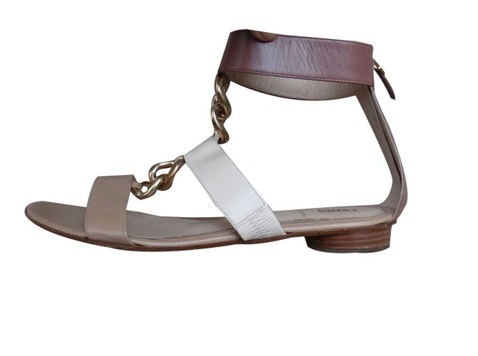 Fendi sandals Brown Beige Cream Leather  ref.73960