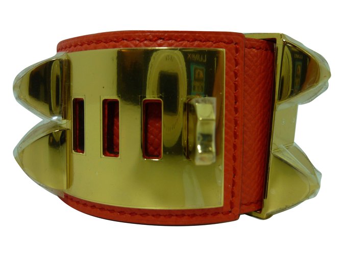 Hermès Bracelet Collier de chien Cuir Plaqué or Doré Orange  ref.74059