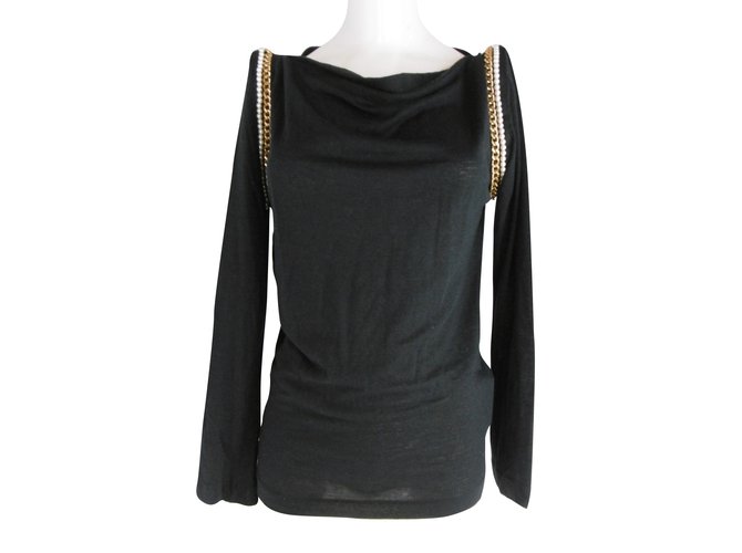 Sacai Luck Pearl and Gold tone Chain Embellishment Long sleeve Top Black Polyester Linen  ref.74179