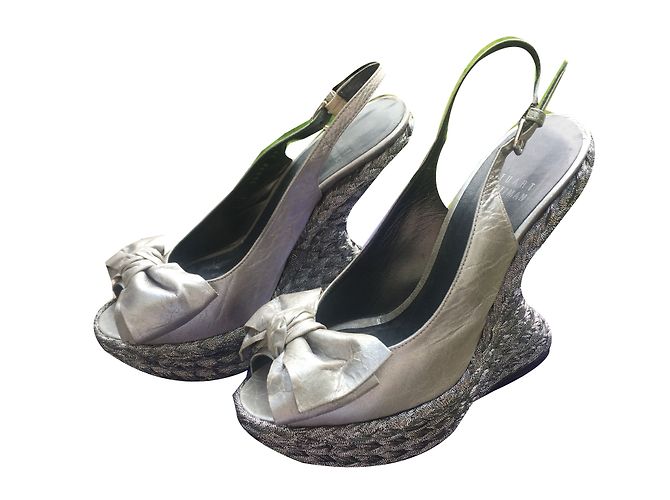 Stuart Weitzman silver leather wedge sandals Silvery
