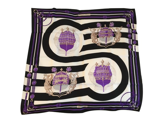 Hermès Silk scarves Black White Purple  ref.75052