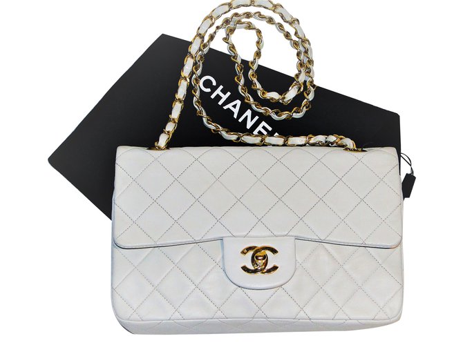 Classique Chanel Timeless Double Rabat Cuir Blanc  ref.75205