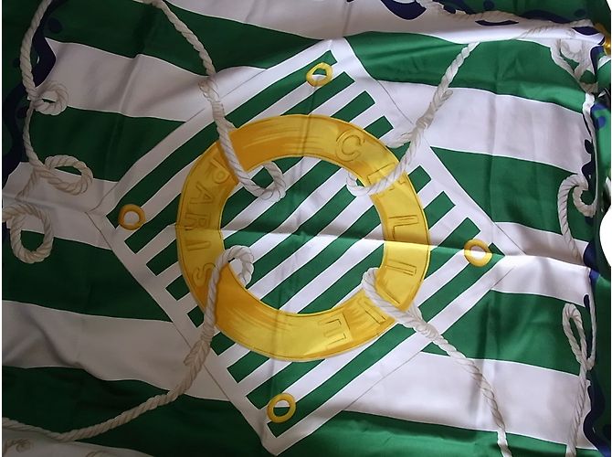 Lenço Céline de seda de cetim verde padrão marinho Branco Dourado