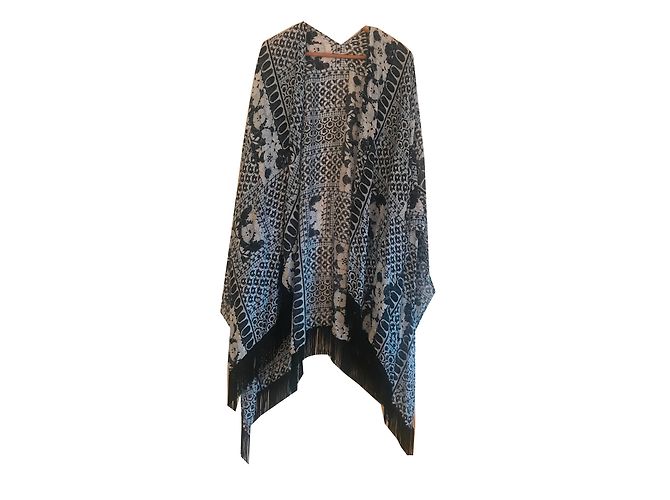 Poncho Maje stampato con frange blu