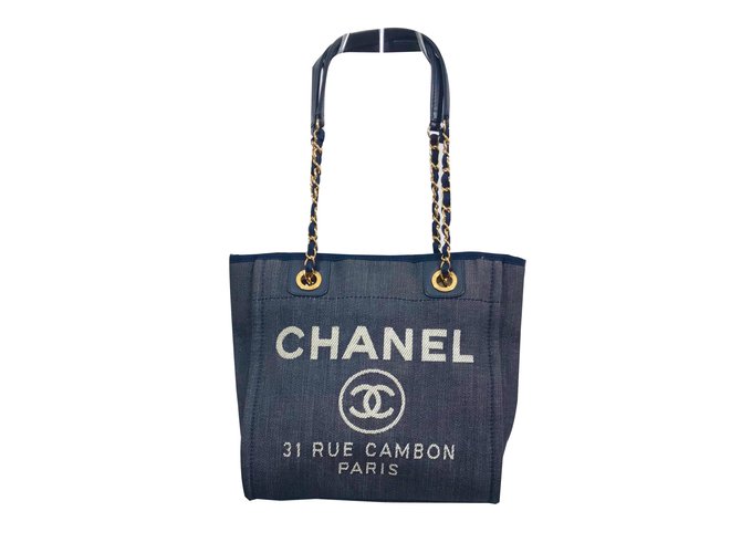 Chanel Bolsas Dourado Azul marinho Lona Metal  ref.76038