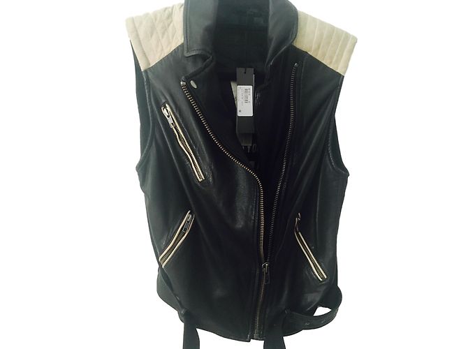 Ikks Biker Jacket Black and Beige Leather