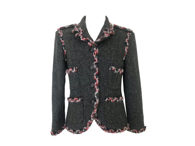 Chanel Giacca scozzese Tweed di Edimburgo Grigio Lana  ref.76482