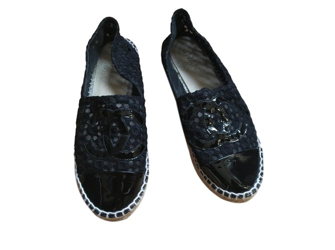 Chanel Espadrilles Black Leather Patent leather Lace Rope  ref.76971