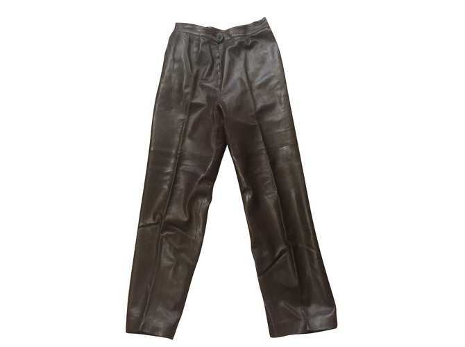 Hermès Pantalones, polainas Marrón oscuro Piel de cordero  ref.77747