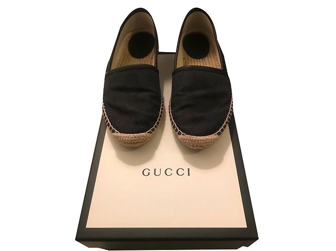 Gucci Espadrilles Schwarz Dunkelgrau Leder Stoff 36 Anthrazitgrau