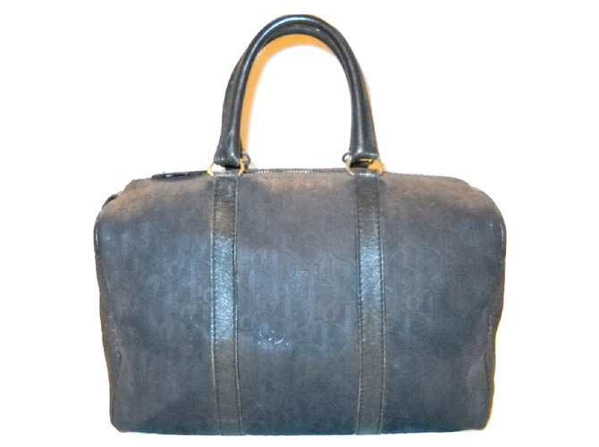 Christian Dior Vintage sac à main cuir embossé logo Oblique Bleu  ref.78613