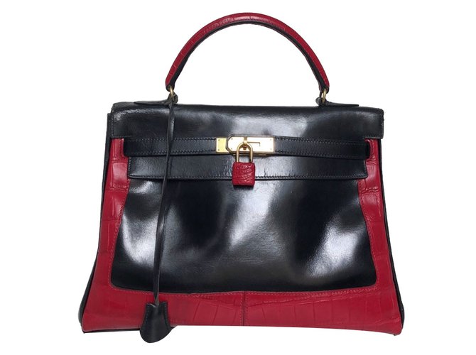 Kelly Hermès Handtaschen Schwarz Rot Leder Exotisches Leder  ref.78745
