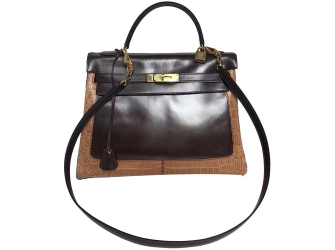 Kelly Hermès Handbags Light brown Dark brown Leather Exotic leather  ref.78750