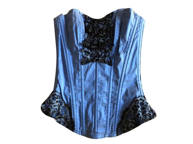 Autre Marque corset souple Cadolle Soie bleue et dentelle Coton Elasthane Doré Bleu Marine  ref.78772