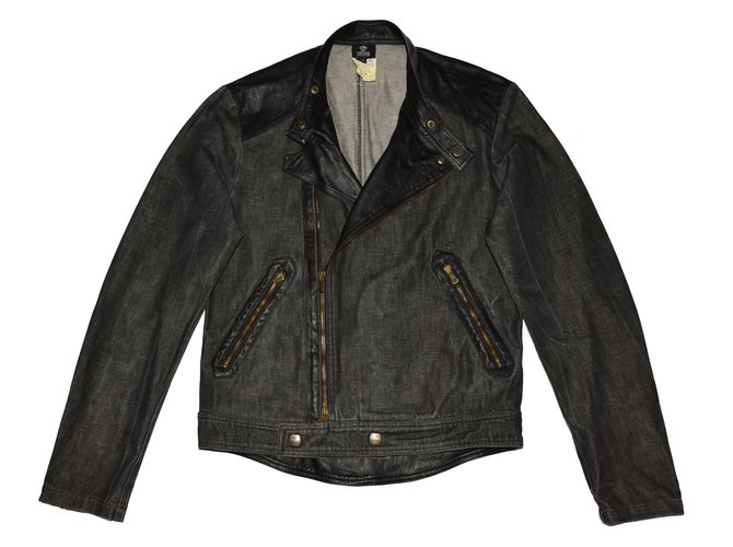 Versace Men Coats Outerwear Black Grey Leather Cotton  ref.78896