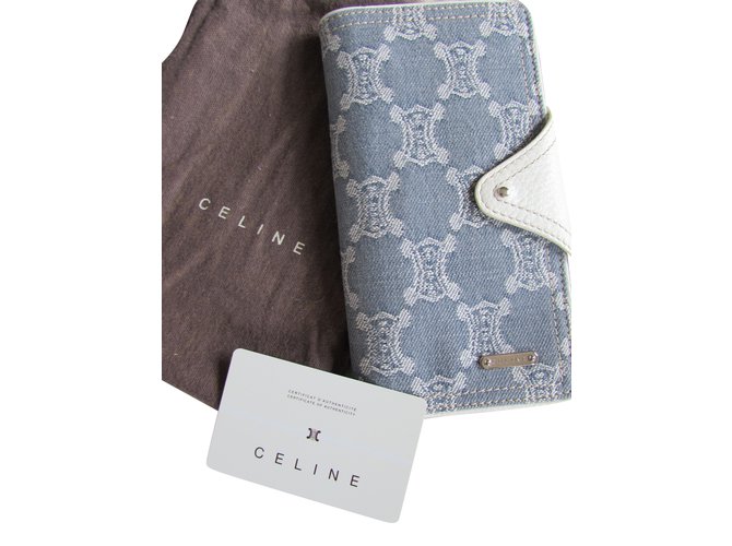 Céline portafogli Bianco Blu Pelle Tela  ref.80297