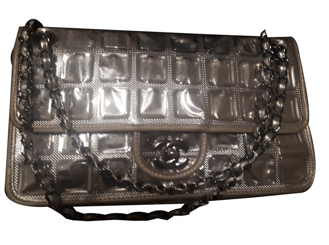 Chanel Bolsas Prata Couro Plástico Cetim  ref.80566
