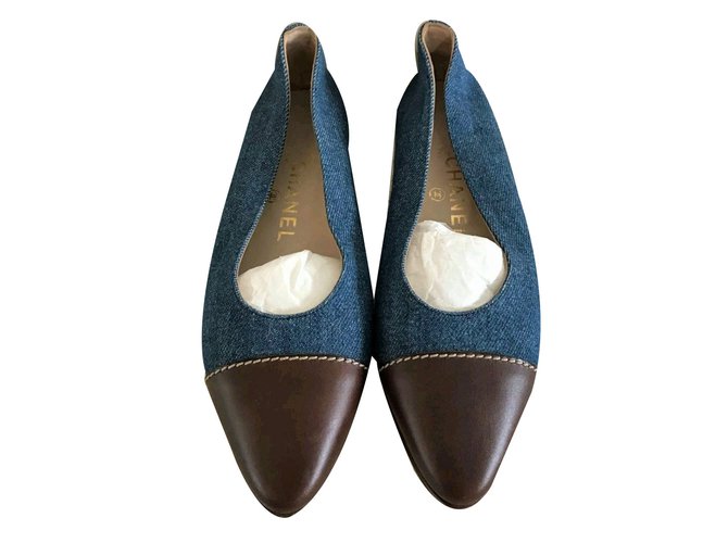 Chanel classic denim and leather flats EU 37 Brown Blue  ref.81153