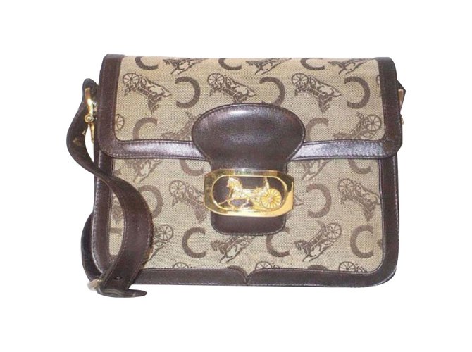 Céline Handbags Brown Cream Leather Cloth  ref.81209