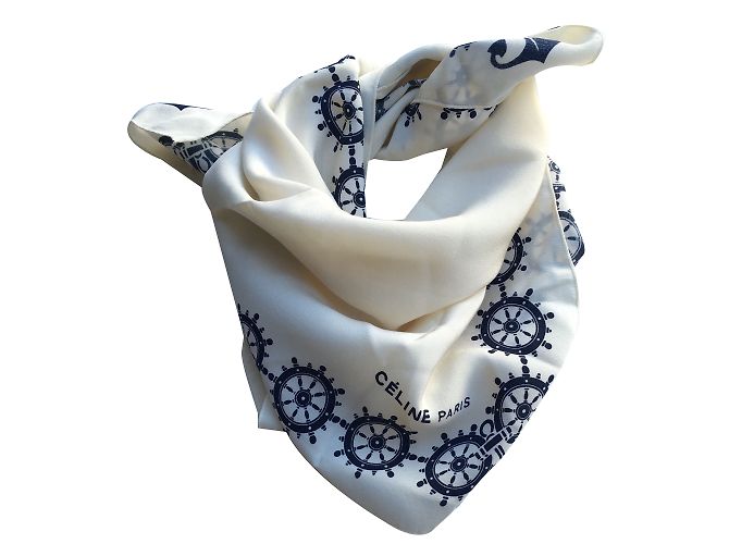 Céline Silk Scarf Eggshell and Navy Blue