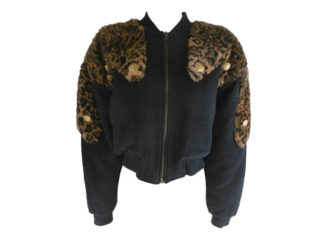 Autre Marque Kansai Yamamoto Faux Fur Jacket Preto Estampa de leopardo Algodão Pele Acrílico  ref.82359