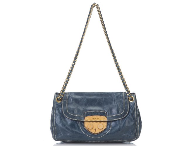 Prada Leather Pattina Shoulder Bag Blue ref.82784 - Joli Closet