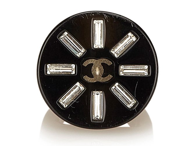 Chanel Harz Ring Schwarz Silber Kunststoff  ref.83045