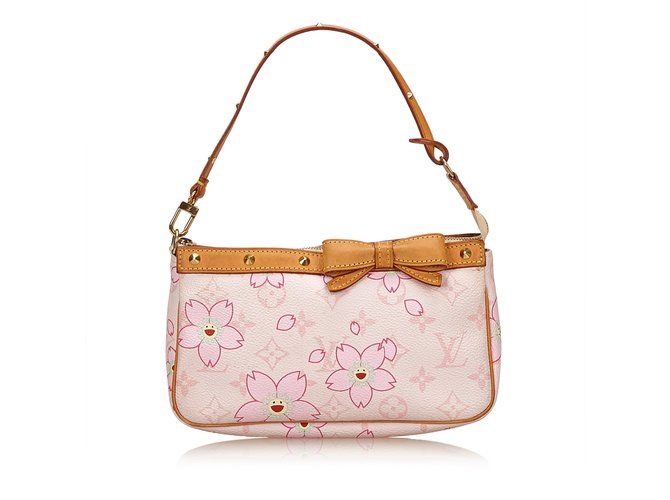 Louis Vuitton Monogram Cherry Blossom Pochette Accessories Pink White Leather Cloth Cloth  ref.83054
