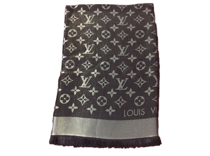 Louis Vuitton Châle Soie Laine Noir Argenté  ref.83357