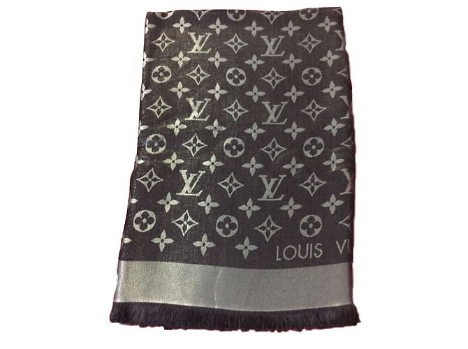 Louis Vuitton sciarpe Nero Argento Seta Lana