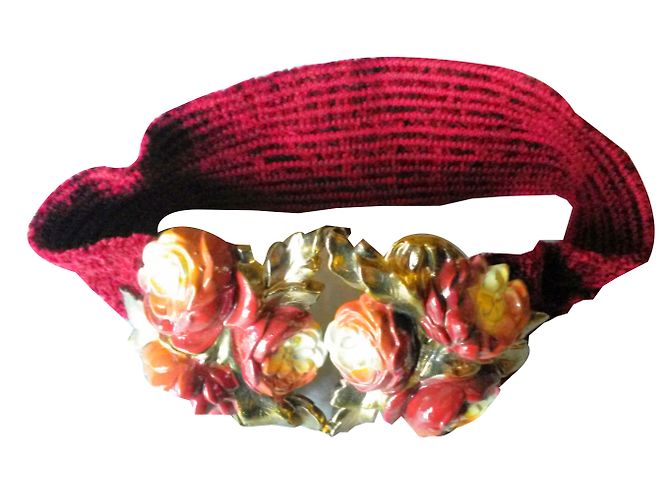 Autre Marque Cintura larga in velluto elastica con fibbia a fiore in metallo rosso rubino Bordò