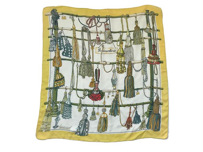 Hermès 100% Seidentuch "Pasementerie" Vintage Weiß Blau Gelb