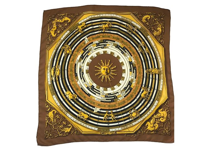 Hermès Seidenschal DIES ET HORE 90x90cm Braun Schwarz Weiß Golden