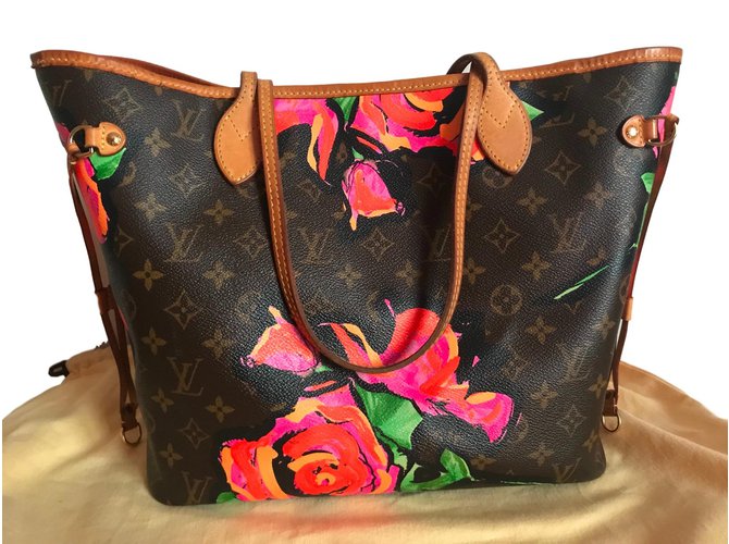 Louis Vuitton Neverfull MM Stephen Sprouse Rose Limited Edition Brown Pink Golden Green Leather Cloth  ref.83502