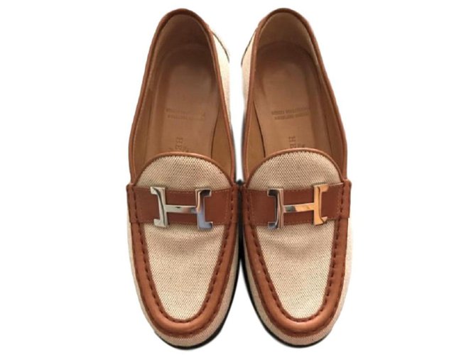 Hermès Vintage Khaki Loafers shoes Beige Cloth  ref.84121