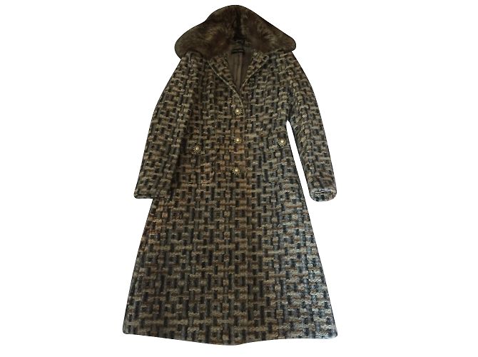Dolce & Gabbana Blue Wool Tweed Coat with Fur Collar