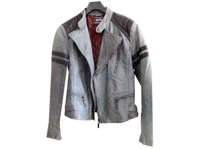 Jean Paul Gaultier Women's Leather Biker Jacket Black Grey