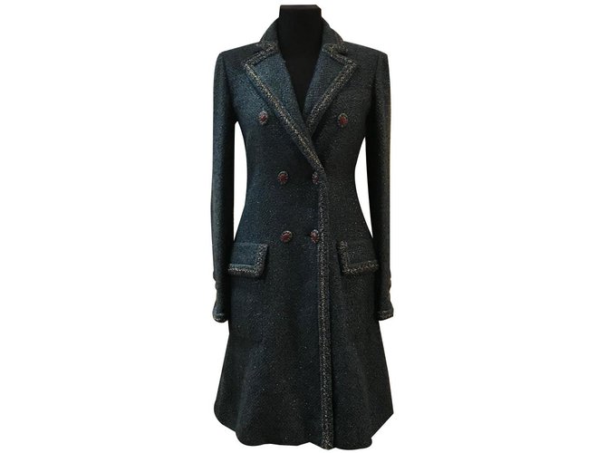 Chanel cappotto di pura tweed fantasia Blu Seta Poliestere Lana Nylon Mohair  ref.84618