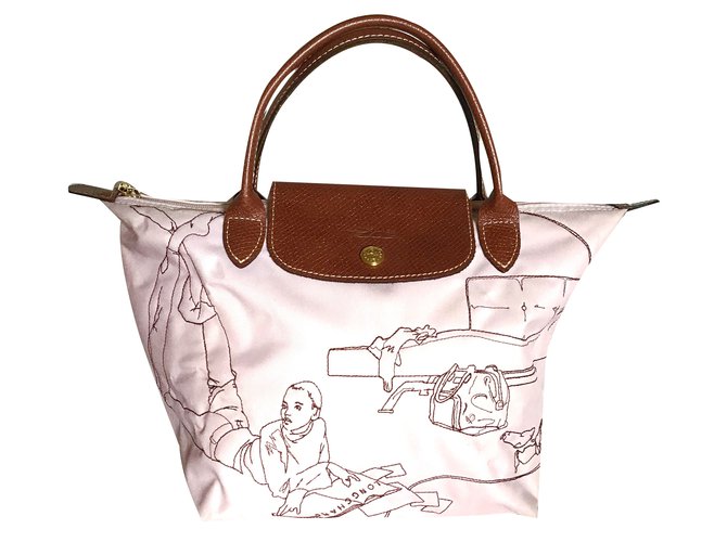 Longchamp Tote Brown Pink Leather Nylon  ref.84695